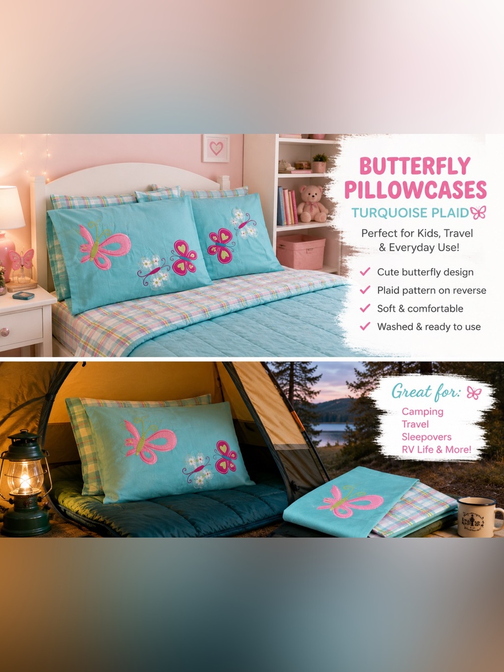 Butterfly Pillowcase Set | Turquoise Plaid | Camping, Travel & Kids Room